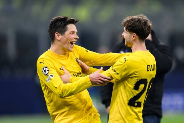 260224 Sondre Brunstad Fet and Hakon Evjen of Bodo Glimt celebrate after the UEFA Champions League football match between Inter and Bodo Glimt on February 24, 2026 in Milan Photo Marius Simensen BILDBYRAN COP 238 MM0057 bbeng football fotball fotboll soccer uefa champions league mesterligaen bodo glimt inter fc internazionale milano jubel  Copyright: MARIUSxSIMENSEN BB260224BB602