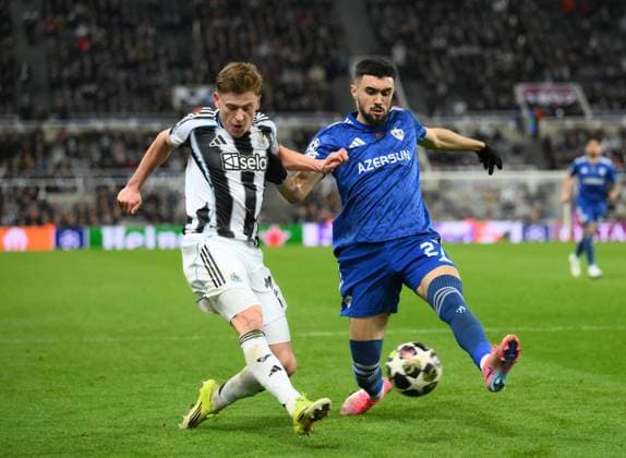 Harvey Barnes of Newcastle United (left) and Toral Bayramov of Qarabag Newcastle United v Qarabag, UEFA Champions League, Knockout Round Play-Offs, Second Leg, Football, St James Park, Newcastle, UK - 24 Feb 2026Newcastle St James Park Azerbaijan EDITORIAL USE ONLY No use with unauthorised audio, video, data, fixture lists, club league logos or live services. Online in-match use limited to 120 images, no video emulation. No use in betting, games or single club league player publications. Copyright: xRichardxLee Shutterstockx 16693044bs