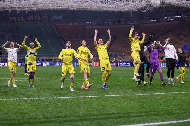 Players of FK Bodo Glimt celebrate after winning, UEFA Champions League 2025 26 League Play-off second leg, FC Internazionale Milano v FK Bodo Glimt, Stadio Giuseppe Meazza (San Siro), February 24, 2026, Milan, Italy.
