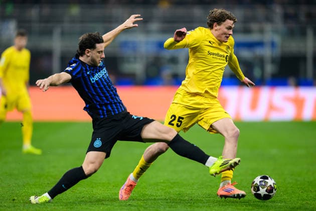 260224 Isak Dybvik Määttä of Bodo Glimt during the UEFA Champions League football match between Inter and Bodo Glimt on February 24, 2026 in Milan Photo Marius Simensen BILDBYRAN COP 238 MM0057 bbeng football fotball fotboll soccer uefa champions league mesterligaen bodo glimt inter fc internazionale milano  Copyright: MARIUSxSIMENSEN BB260224BB612