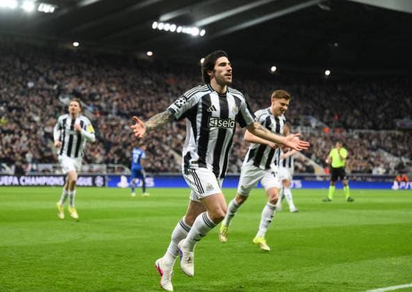Sandro Tonali of Newcastle United celebrates scoring their first goal Newcastle United v Qarabag, UEFA Champions League, Knockout Round Play-Offs, Second Leg, Football, St James Park, Newcastle, UK - 24 Feb 2026Newcastle St James Park Azerbaijan EDITORIAL USE ONLY No use with unauthorised audio, video, data, fixture lists, club league logos or live services. Online in-match use limited to 120 images, no video emulation. No use in betting, games or single club league player publications. Copyright: xRichardxLee Shutterstockx 16693044by