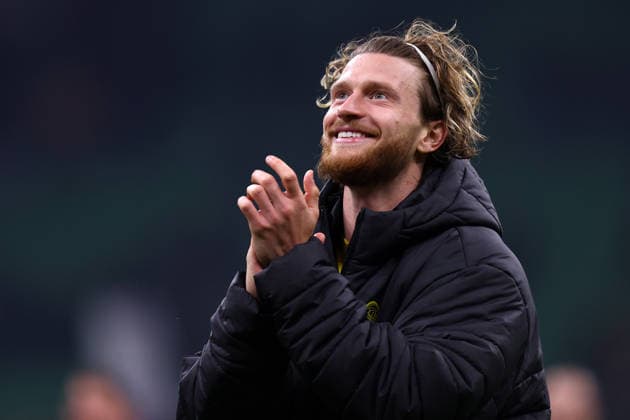 FC Internazionale - FK Bodo Glimt - UEFA Champions League 2025 26 League Play-off second leg Kasper Hogh of FK Bodo Glimt celebrates at the end of the UEFA Champions League Play-off second leg match between FC Internazionale and FK Bodo Glimt at Stadio Giuseppe Meazza (San Siro) on February 24, 2025 in Milan, Italy . Milano Stadio Giuseppe Meazza Italy Copyright: xMarcoxCanonierox