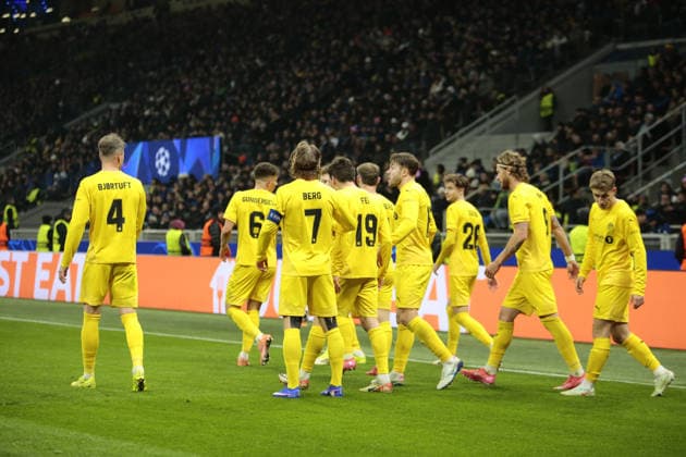 CALCIO - UEFA Champions League - Inter - FC Internazionale vs FK Bodo Glimt Jens Petter Hauge of FK Bodo Glimt celebrating with team mates after a goal during the Uefa Champions League, second leg play-off, season 2025-2026, football match between, FC Internazionale Milano v Fotballklubben Bodo Glimt on 24 February 2026 at â?? Giuseppe Meazza Stadium, San Siro, Milan, Italy Photo Nderim Kaceli Milan Italy  Copyright: xIPAxSport ABACAx