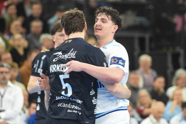 Handball I Men I Season 2025 2026 I EHF European League I Main Round I Matchday 2 I SG Flensburg Handewitt Montpellier HB I 24 02 2026 from left Niclas Kirkelökke 5, SG Flensburg Handewitt , Arthur Lenne 19, Montpellier HB Copyright: xLobeca JanxKirschnerx