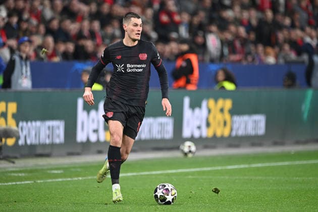 Patrik SCHICK LEV action, single action Football Champions League, Play Offs, Bayer 04 Leverkusen LEV Olympiakos Piraeus PI 0 0 on 24 02 2026 in Leverkusen Germany UEFA regulations prohibit any use of photographs as image sequences and or quasi video Â