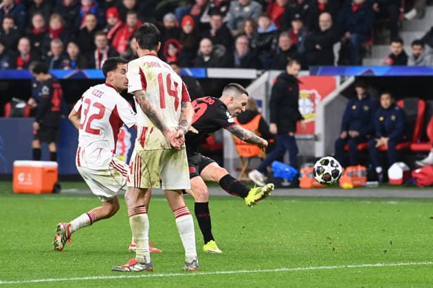 Alejandro GRIMALDO LEV Goal kick, Action, Duel, Football Champions League, Play Offs, Bayer 04 Leverkusen LEV Olympiakos Piraeus PI 0 0 on 24 02 2026 in Leverkusen Germany UEFA regulations prohibit any use of photographs as image sequences and or quasi video Â