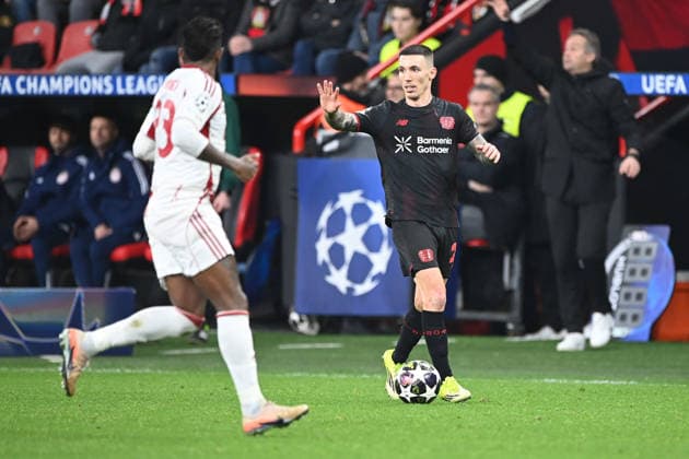 Alejandro GRIMALDO LEV vs pi23Action, duel, Football Champions League, Play Offs, Bayer 04 Leverkusen LEV Olympiakos Piraeus PI 0 0 on 24 02 2026 in Leverkusen Germany UEFA regulations prohibit any use of photographs as image sequences and or quasi video Â