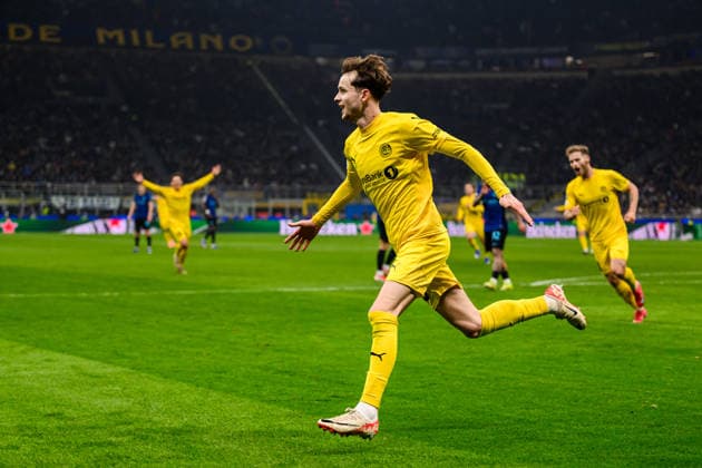 260224 Hakon Evjen of Bodo Glimt celebrates after 0 2 during the UEFA Champions League football match between Inter and Bodo Glimt on February 24, 2026 in Milan Photo Marius Simensen BILDBYRAN COP 238 MM0057 bbeng football fotball fotboll soccer uefa champions league mesterligaen bodo glimt inter fc internazionale milano jubel  Copyright: MARIUSxSIMENSEN BB260224BB615