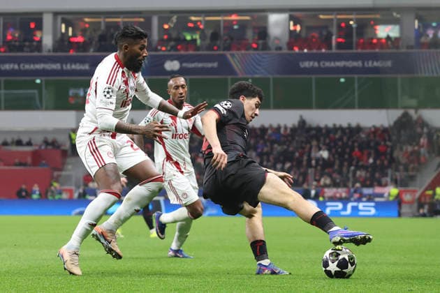 Rodinei Olympiacos FC and Ibrahim Maza Bayer 04 Leverkusen battle for the ball during the UEFA Champions League 2025 26 League Knockout Play off Second Leg match between Bayer 04 Leverkusen and Olympiacos FC at BayArena on February 24, 2026 in Leverkusen, Germany Photo by Oliver Kaelke DeFodi Images