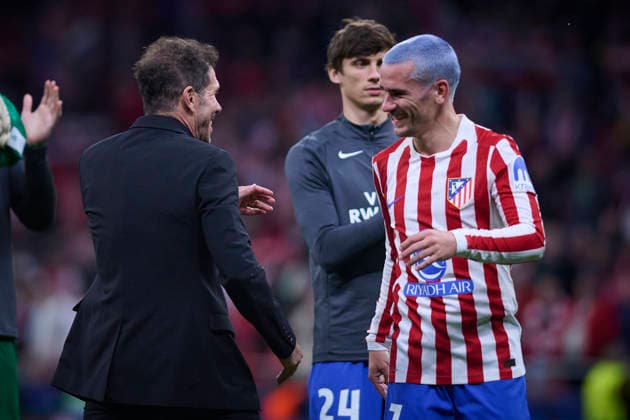 ATLETICO DE MADRID v CLUB BRUGGE KV. CHAMPIONS LEAGUE 2025 2026. ROUND KO PLAY-OFFS 2ND LEG MATCH. Atletico de Madrid s coach Diego Pablo Cholo Simeone and Antoine Griezmann celebrate the victory in Champions League 2025 2026, KO play-offs 2nd leg match. February 24 ,2026. (ALTERPHOTOS Jorge Ropero) MadridSpain  Copyright: xJorgexRoperox