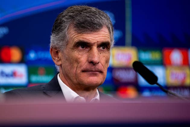 LEVERKUSEN, GERMANY - FEBRUARY 24: Olympiacos FC head coach Jose Luis Mendilibar attends a press conference, PK, Pressekonferenz after the UEFA Champions League 2025 26 League Knockout Play-off Second Leg match between Bayer 04 Leverkusen and Olympiacos FC at BayArena on February 24, 2026 in Leverkusen, Germany. (Photo by Rene Nijhuis) SPO  Copyright: xRenexNijhuis
