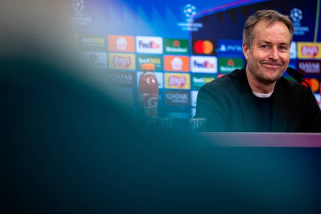 LEVERKUSEN, GERMANY - FEBRUARY 24: Bayer 04 Leverkusen head coach Kasper Hjulmand attends a press conference, PK, Pressekonferenz after the UEFA Champions League 2025 26 League Knockout Play-off Second Leg match between Bayer 04 Leverkusen and Olympiacos FC at BayArena on February 24, 2026 in Leverkusen, Germany. (Photo by Rene Nijhuis) SPO  Copyright: xRenexNijhuis
