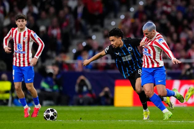 Atletico de Madrid v Club Brugge KV - UEFA Champions League 2025 26 League Knockout Play-off Second Leg Antoine Griezmann second striker of Atletico de Madrid and France and Felix Lemarechal attacking midfield of Brugge and France compete for the ball during the UEFA Champions League 2025 26 League Knockout Play-off Second Leg match between Atletico de Madrid and Club Brugge KV at Estadio Riyadh Air Metropolitano on February 24, 2026 in Madrid, Spain. Madrid Spain  Copyright: xJosexBretonx originalFilename:bretonhernandez-atletico260224_npzen.jpg