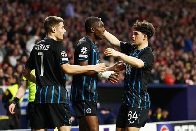 Joel Ordanez (Brugge), FEBRUARY 24, 2026 - Football Soccer : Ordanez celebrate with team players after his goal during UEFA Champions League KO play-offs 2nd leg match between Club Atletico de Madrid - Club Brugge KV at the Estadio Metropolitano in Madrid, Spain. Noxthirdxpartyxsales  aflo_321164490