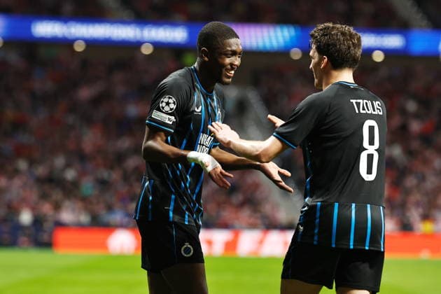 Joel Ordanez (Brugge), FEBRUARY 24, 2026 - Football Soccer : Ordanez celebrate with team players after his goal during UEFA Champions League KO play-offs 2nd leg match between Club Atletico de Madrid - Club Brugge KV at the Estadio Metropolitano in Madrid, Spain. Noxthirdxpartyxsales  aflo_321164497