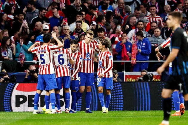 Alexander Sorloth (Atletico), FEBRUARY 24, 2026 - Football Soccer : Sorloth celebrate with team players after his goal during UEFA Champions League KO play-offs 2nd leg match between Club Atletico de Madrid - Club Brugge KV at the Estadio Metropolitano in Madrid, Spain. Noxthirdxpartyxsales  aflo_321164521