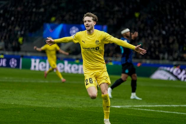 Champions League Inter Milan Bodo Glimt Milan, Italy 20260224 Bodo Glimts Hakon Evjen celebrates 0 2 during the Champions League football match between Inter Milan and Bodo Glimt at Stadio San Siro Photo Terje Pedersen NTB Milano Italy EDITORIAL USE ONLY RESTRICTED USE FOR BETTING COMPANIES  Copyright: xTerjexPedersenx xNTBx