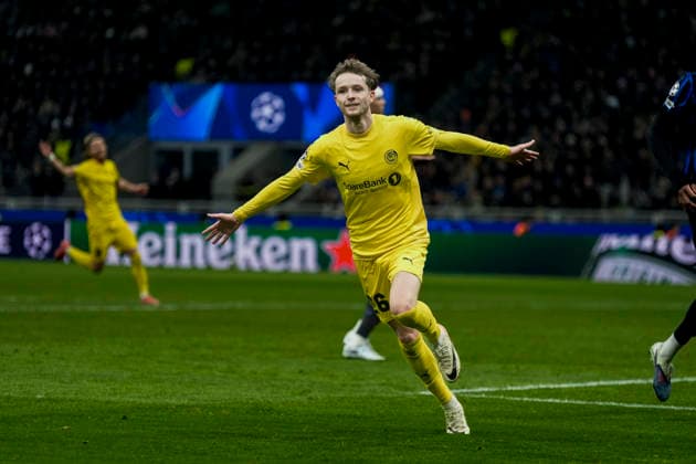Champions League Inter Milan Bodo Glimt Milan, Italy 20260224 Bodo Glimts Hakon Evjen celebrates 0 2 during the Champions League football match between Inter Milan and Bodo Glimt at Stadio San Siro Photo Terje Pedersen NTB Milano Italy EDITORIAL USE ONLY RESTRICTED USE FOR BETTING COMPANIES  Copyright: xTerjexPedersenx xNTBx