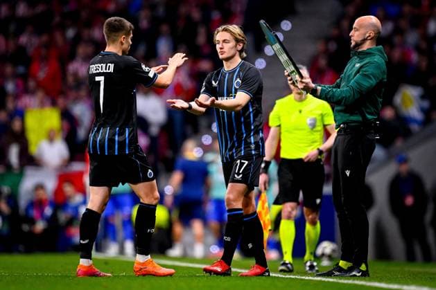 Atletico de Madrid v Club Brugge - UEFA Champions League MADRID, SPAIN - FEBRUARY 24 : Tresoldi Nicolo forward of Club Brugge and Vermant Romeo forward of Club Brugge during the UEFA Champions League 2025 26 knockout phase play-off match second leg between Atletico de Madrid and Club Brugge on February 24, 2026 in Madrid, Spain, 24 02 2026  Copyright: xTomasxSiskx