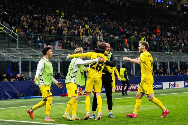 260224 Hakon Evjen of Bodo Glimt celebrates after scoring the 0 2 goal during the UEFA Champions League football match between Inter and Bodo Glimt on February 24, 2026 in Milan Photo Marius Simensen BILDBYRAN COP 238 MM0057 bbeng bodo glimt fc internazionale milano football fotball fotboll inter jubel mesterligaen soccer uefa champions league  Copyright: MARIUSxSIMENSEN BB260224BB660