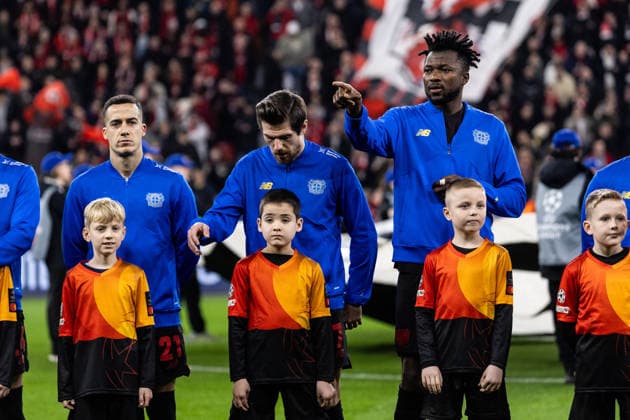 UEFA Champions League Bayer 04 Leverkusen Olympiacos FC 24 02 2026 Edmond Tapsoba Bayer 04 Leverkusen, 12 Jonas Hofmann Bayer 04 Leverkusen, 7 , Lucas Vazquez Bayer 04 Leverkusen, 21 UEFA Champions League Bayer 04 Leverkusen Olympiacos FC BayArena, Leverkusen 24 02 2026 Copyright: xBEAUTIFULxSPORTS Buriakovx