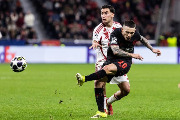 UEFA Champions League Bayer 04 Leverkusen Olympiacos FC 24 02 2026 Alejandro Grimaldo Bayer 04 Leverkusen, 20 UEFA Champions League Bayer 04 Leverkusen Olympiacos FC BayArena, Leverkusen 24 02 2026 Copyright: xBEAUTIFULxSPORTS Buriakovx