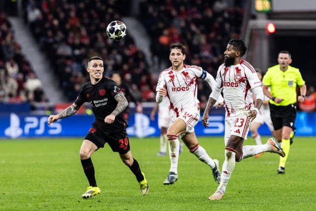UEFA Champions League Bayer 04 Leverkusen Olympiacos FC 24 02 2026 Alejandro Grimaldo Bayer 04 Leverkusen, 20 , Rodinei Olympiacos FC, 23 UEFA Champions League Bayer 04 Leverkusen Olympiacos FC BayArena, Leverkusen 24 02 2026 Copyright: xBEAUTIFULxSPORTS Buriakovx
