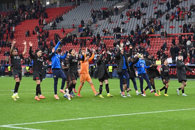 Final cheer, cheering, jubilation, enthusiasm, joy, emotion Bayer Leverkusen Football Champions League, Play Offs, Bayer 04 Leverkusen LEV Olympiakos Piraeus PI 0 0 on 24 02 2026 in Leverkusen Germany UEFA regulations prohibit any use of photographs as image sequences and or quasi video Â
