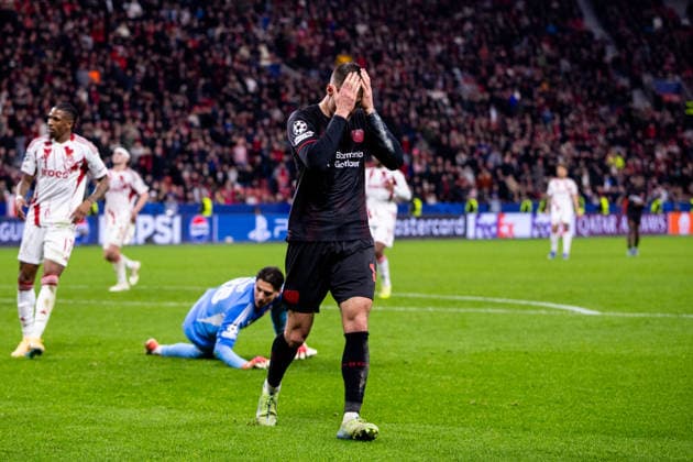 LEVERKUSEN, GERMANY - FEBRUARY 24: Patrik Schick of Bayer 04 Leverkusen rues a missed chance during the UEFA Champions League 2025 26 League Knockout Play-off Second Leg match between Bayer 04 Leverkusen and Olympiacos FC at BayArena on February 24, 2026 in Leverkusen, Germany. (Photo by Rene Nijhuis) SPO  Copyright: xRenexNijhuis