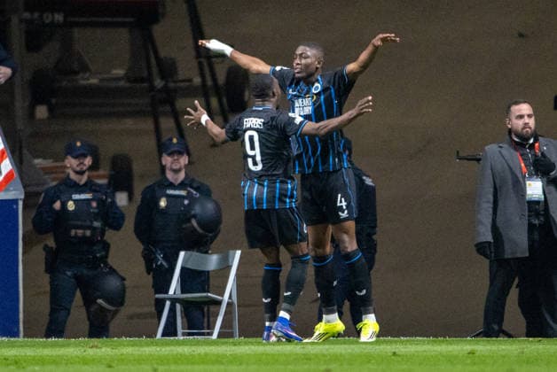 Atlético de Madrid Vs Club Brugge in Madrid - 24 Feb 2026 Joel Ordónez of Club Brugge celebrates a goal during the UEFA Champions League match between Atlético de Madrid and Club Brugge at the Metropolitano Stadium. Final score: Atlético de Madrid 4 - 1 Club Brugge Madrid Spain Copyright: xDavidxCanalesx xSOPAxImagesx DCUCLATMBrujas260224-90