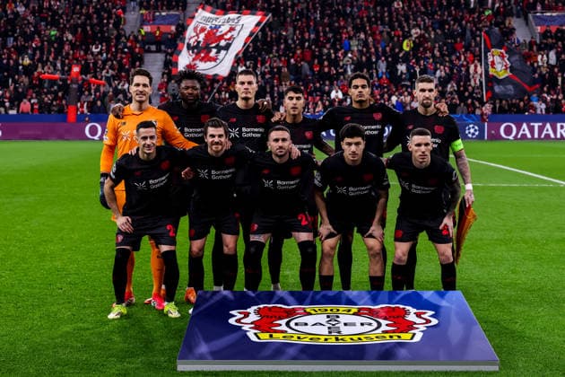 LEVERKUSEN, GERMANY - FEBRUARY 24: The starting eleven of Bayer 04 Leverkusen with Bayer 04 Leverkusen goalkeeper Janis Blaswich, Edmond Tapsoba of Bayer 04 Leverkusen, Patrik Schick of Bayer 04 Leverkusen, Exequiel Palacios of Bayer 04 Leverkusen, Jarell Quansah of Bayer 04 Leverkusen, Robert Andrich of Bayer 04 Leverkusen, Lucas Vazquez of Bayer 04 Leverkusen, Jonas Hofmann of Bayer 04 Leverkusen, Aleix Garcia of Bayer 04 Leverkusen, Ibrahim Maza of Bayer 04 Leverkusen and Alejandro Grimaldo of Bayer 04 Leverkusen pose for a teamphoto prior to the UEFA Champions League 2025 26 League Knockout Play-off Second Leg match between Bayer 04 Leverkusen and Olympiacos FC at BayArena on February 24, 2026 in Leverkusen, Germany. (Photo by Rene Nijhuis) SPO Copyright: xRenexNijhuis