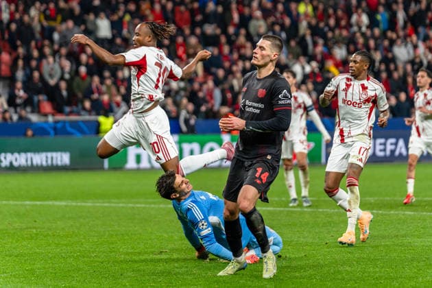 UEFA Champions League 2025 2026 Bayer 04 Leverkusen vs Olympiakos Piraeus, Play Offs second leg, Tuesday, 23 02 2026 BayArena Nordrhein Westfalen, Germany Konstantinos Tzolakis Olympiakos Piraeus, 88 Gelson Martins Olympiakos Piraeus, 10 Patrik Schick 14 Copyright: xCelinaxLeiersx
