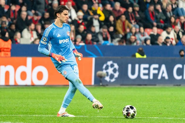 UEFA Champions League 2025 2026 Bayer 04 Leverkusen vs Olympiakos Piraeus, Play Offs second round, Tuesday, 23 02 2026 BayArena Nordrhein Westfalen, Germany Konstantinos Tzolakis Olympiakos Piraeus, 88 on the ball Copyright: xCelinaxLeiersx