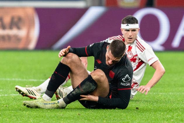 UEFA Champions League 2025 2026 Bayer 04 Leverkusen vs Olympiakos Piraeus, Play Offs second leg, Tuesday, 23 02 2026 BayArena Nordrhein Westfalen, Germany Patrik Schick 14 Injury on the ground Copyright: xCelinaxLeiersx