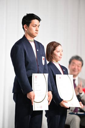 (L-R) Ryuichi Kihara (JPN), Riku Miura, FEBRUARY 26, 2026 : Milano Cortina 2026 Olympic Winter games, Winterspiele,Spiele, Summer games Japan Delegation disbandment ceremony in Tokyo, Japan. Noxthirdxpartyxsales  aflo_321190359