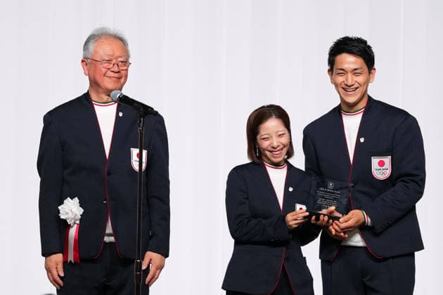 (L-R) Hidehito Ito, Riku Miura, Ryuichi Kihara (JPN), FEBRUARY 25, 2026 : Milano Cortina 2026 Olympic Winter games, Winterspiele,Spiele, Summer games Japan Delegation disbandment ceremony in Tokyo, Japan. Noxthirdxpartyxsales  aflo_321190506