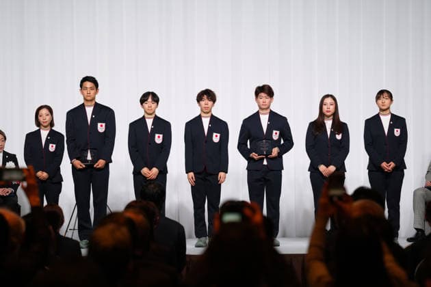 (L-R) Riku Miura, Ryuichi Kihara, Yuma Kagiyama, Shun Sato, Masaya Morita, Utana Yoshida, Kaori Sakamoto (JPN), FEBRUARY 25, 2026 : Milano Cortina 2026 Olympic Winter games, Winterspiele,Spiele, Summer games Japan Delegation disbandment ceremony in Tokyo, Japan. Noxthirdxpartyxsales  aflo_321190511