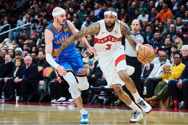 February 24, 2026, Toronto, On, Canada: Toronto Raptors Brandon Ingram (3) drives past Oklahoma City Thunder s Alex Caruso (9) during second half NBA, Basketball Herren, USA basketball action in Toronto, on Tuesday, Feb. 24, 2026. Canada News - February 24, 2026 - ZUMAc35_ 20260224_zaf_c35_104 Copyright: xSammyxKoganx
