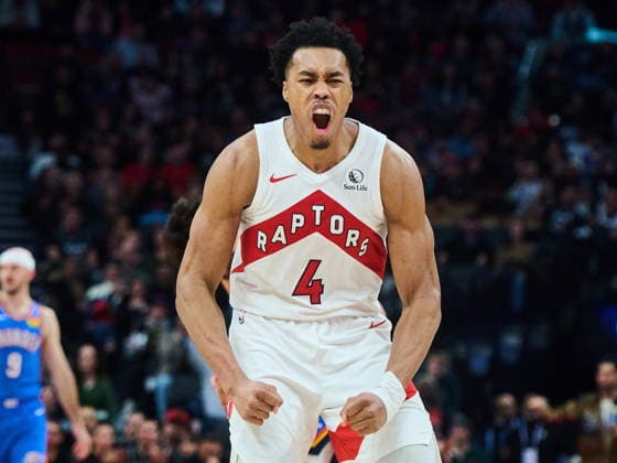February 24, 2026, Toronto, On, Canada: Toronto Raptors Scottie Barnes (4) reacts during second half NBA, Basketball Herren, USA basketball action against the Oklahoma City Thunder in Toronto, on Tuesday, Feb. 24, 2026. Canada News - February 24, 2026 - ZUMAc35_ 20260224_zaf_c35_108 Copyright: xSammyxKoganx