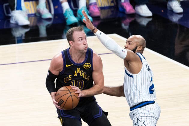 February 24, 2026, Los Angeles, California, USA: Los Angeles LakersÃ¢â‚¬â ¢ Luke Kennard (10) is defended by Orlando MagicÃ¢â‚¬â ¢s Jevon Carter (2) during an NBA, Basketball Herren, USA basketball game at Crypto.com Arena on Tuesday, Feb. 24, 2026 in Los Angeles. NBA 2026: Magic 110:109 Lakers  - ZUMAc68_ 20260224_zaf_c68_055 Copyright: xRingoxChiux