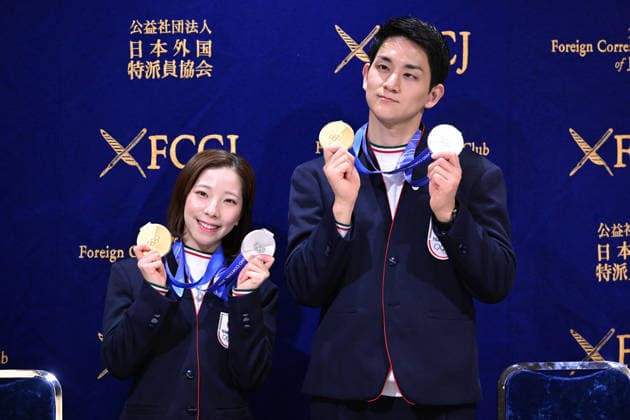 (L-R) Riku Miura, Ryuichi Kihara (JPN), FEBRUARY 25, 2026 - Figure skating, Eiskunstlauf : Japan s Riku Miura and Ryuichi Kihara, the gold medalists in pairs figure skating at the Milano Cortina Winter Olympics, attend press conference, PK, Pressekonferenz at the Foreign Correspondents Club of Japan in Tokyo, Japan. Noxthirdxpartyxsales  aflo_321211975