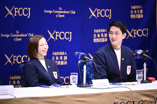 (L-R) Riku Miura, Ryuichi Kihara (JPN), FEBRUARY 25, 2026 - Figure skating, Eiskunstlauf : Japan s Riku Miura and Ryuichi Kihara, the gold medalists in pairs figure skating at the Milano Cortina Winter Olympics, attend press conference, PK, Pressekonferenz at the Foreign Correspondents Club of Japan in Tokyo, Japan. Noxthirdxpartyxsales  aflo_321211995