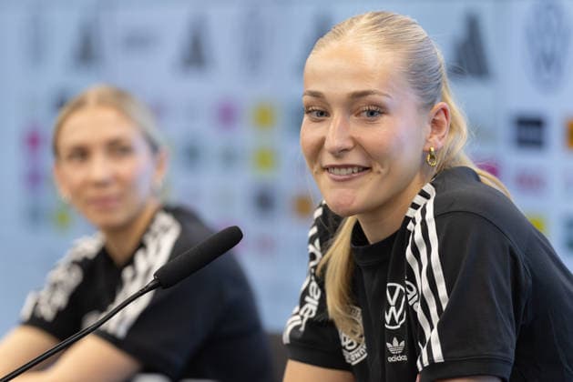 Training and press conference German womens national soccer team Camilla Küver VfL Wolfsburg speaks during the press conference Training and press conference of the womens national team before the World Cup qualifiers against Slovenia and Norway on February 25, 2026 in Frankfurt am Main, Frankfurt am Main Hessen Germany DFB Campus