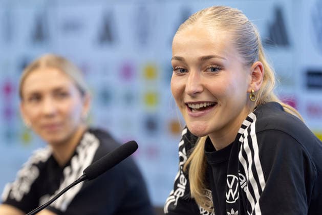 Training and press conference German womens national soccer team Camilla Küver VfL Wolfsburg speaks during the press conference Training and press conference of the womens national team before the World Cup qualifiers against Slovenia and Norway on February 25, 2026 in Frankfurt am Main, Frankfurt am Main Hessen Germany DFB Campus