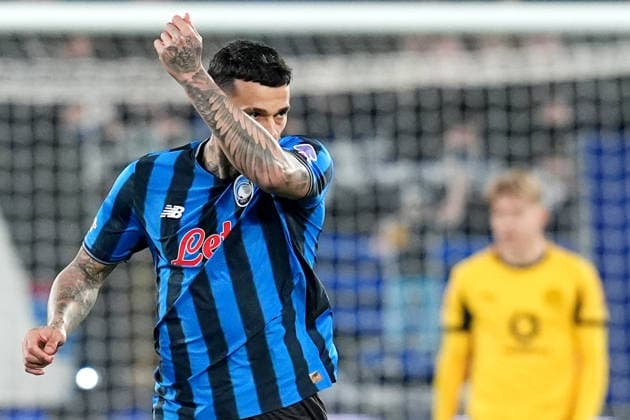 Atalanta™s Gianluca Scamacca celebrates after scoring 1-0 during the Uefa Champions League soccer match between Atalanta and Borussia Dortmund at the New Balance Stadium in Bergamo , north Italy - Wednesday , February 25 , 2026. - Soccer .  Copyright: xSpada LaPressex