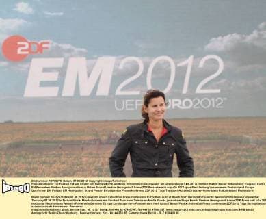 Football, EURO 2012, presenter Katrin Mueller Hohenstein in front of the ZDF football beach in Heringsdorf