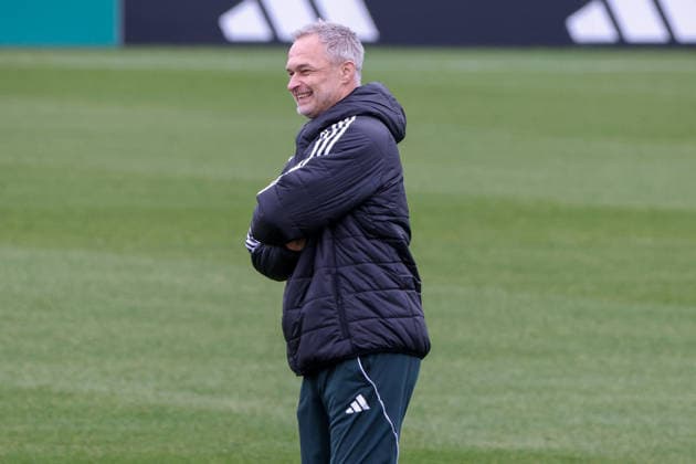 Frankfurt am Main, Germany February 25, 2026 Preparation for the womens World Cup qualifier Germany vs Slovenia Training In the picture national coach Christian Wück Wueck Germany laughing Copyright: HMBxMedia MadeleinexFantini