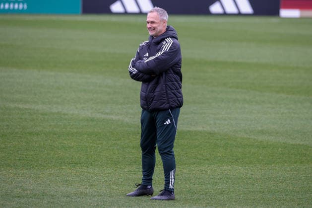 Frankfurt am Main, Germany February 25, 2026 Preparation for the womens World Cup qualifier Germany vs Slovenia Training In the picture national coach Christian Wück Wueck Germany laughing Copyright: HMBxMedia MadeleinexFantini