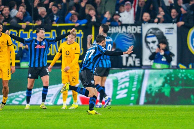 25 02 2026, Atalanta Bergamo vs Borussia Dortmund, UEFA Champions League, Playoffs second leg Goal for 2 0 by Davide Zappacosta Atalanta Bergamo Regulations prohibit any use of photographs as image sequences and or quasi video Copyright: xBahhoxKarax