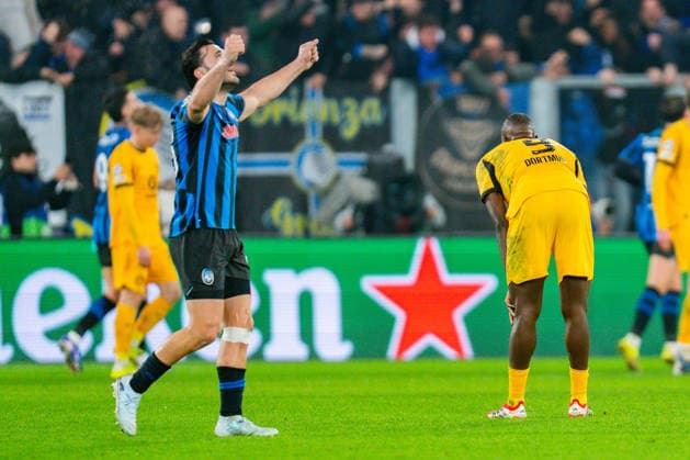 25 02 2026, Atalanta Bergamo vs Borussia Dortmund, UEFA Champions League, Playoffs second leg Goal for 2 0 by Davide Zappacosta Atalanta Bergamo Sead Kolasinac Atalanta Bergamo Serhou Guirassy Borussia Dortmund, 9 Regulations prohibit any use of photographs as image sequences and or quasi video Copyright: xBahhoxKarax